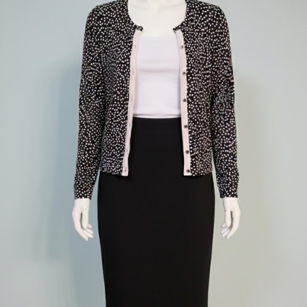 Jones New York Cardigan button Front Black And White Polkadot MEDIUM PETITE